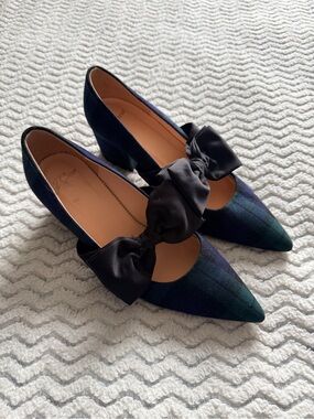 J. Crew Laney Green/black/blue Tartan Fabric Bow Black Pointed Toe Heels Sz 9.5